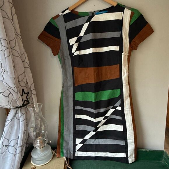 Derek Lam linen cotton blend dress women’s size 6 geometric abstract sheath knee - Picture 1 of 9